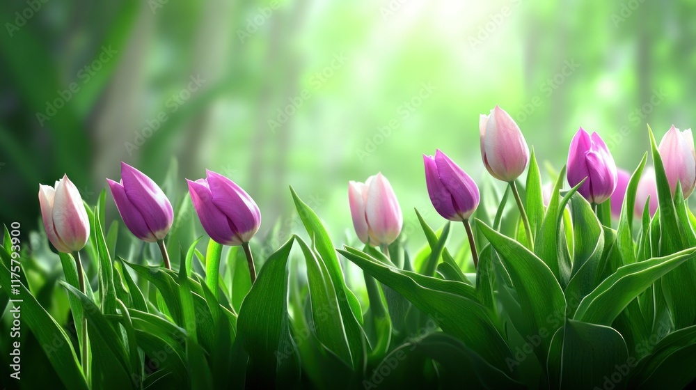 Fototapeta premium A serene display of blooming tulips in a lush green setting.