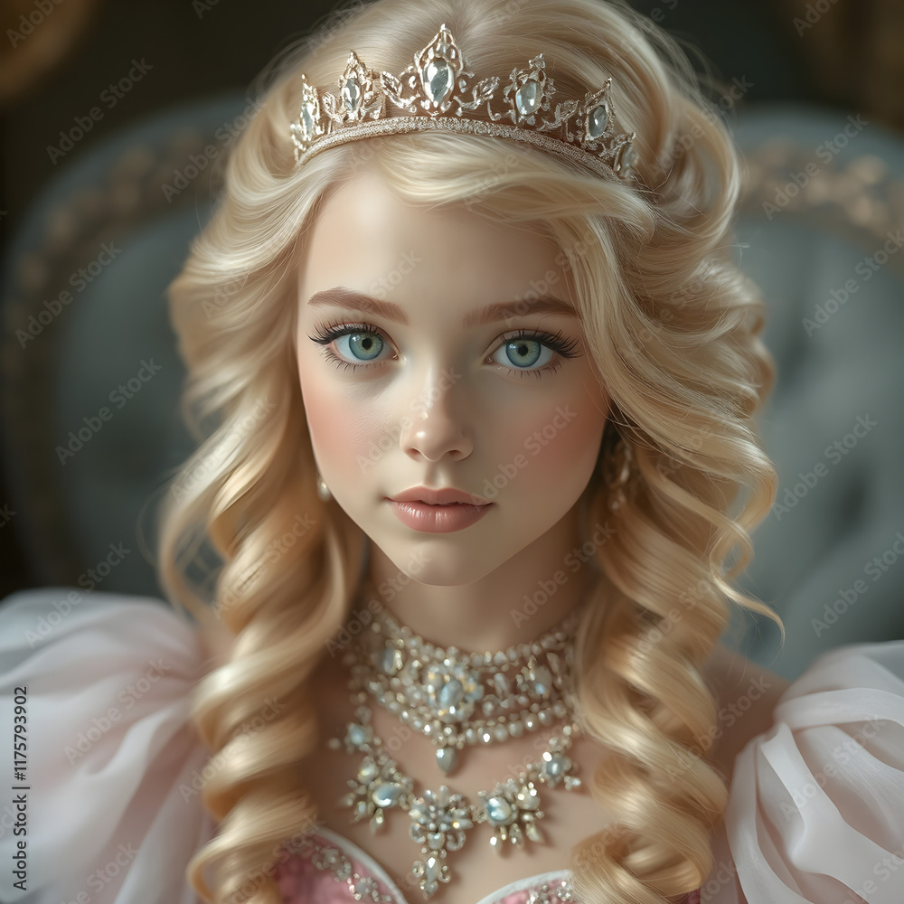 Fototapeta premium Una linda princesa de rizos muy apretados y una corona enjoyada