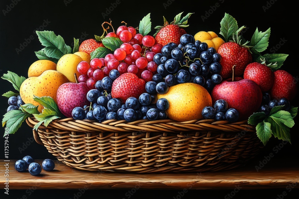 Colorful fruit basket filled with apples, grapes, and citrus on a wooden table against a dark backdrop Colorful fruit basket filled with apples, grapes, and citrus on a wooden table against a dark backdrop