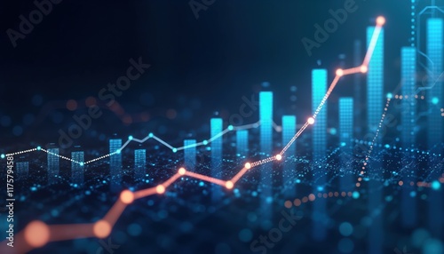 Dynamic financial data graphic displays increasing investment trends. Digital chart illustrates surging stock market performance. Information visualized as abstract graph with growing bars, lines.
