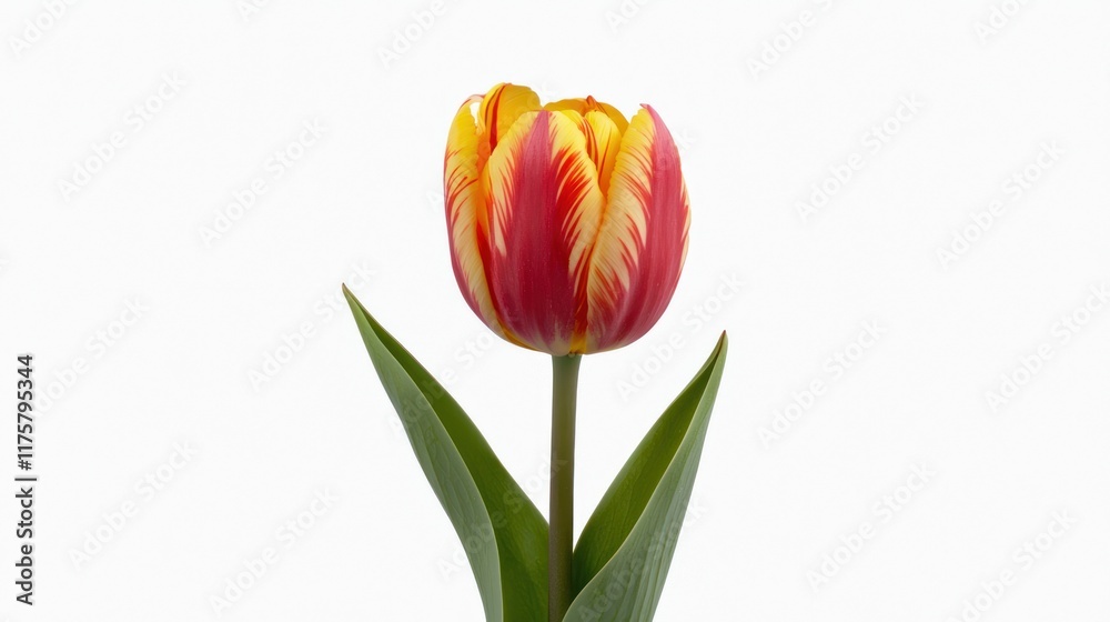 A vibrant tulip with red and yellow petals on a white background. A vibrant tulip with red and yellow petals on a white background.