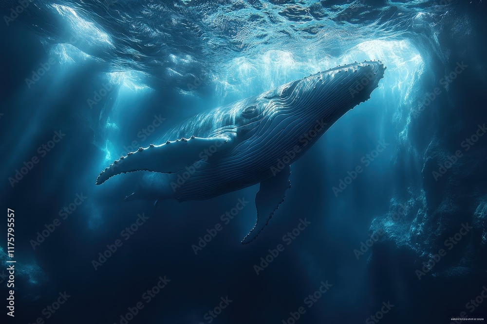Fototapeta premium Majestic humpback whale swimming gracefully through deep ocean waters illuminated by sunlight