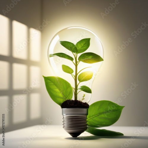 A young plant sprouts from soil inside a lightbulb, symbolizing sustainable energy and eco-consciousness.