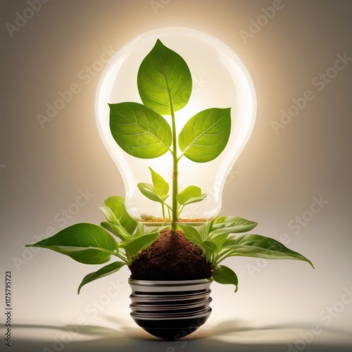 A young plant sprouts from soil inside a lightbulb, symbolizing sustainable energy and eco-consciousness.