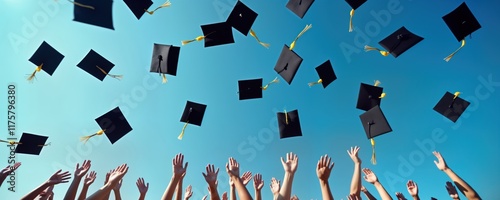 Obraz na płótnie Happy graduates throw caps high into clear blue sky. Many hands reach up in celebration of educational achievement. Joyful moment marks end of stage of learning. Students rejoice at ceremony. w salonie