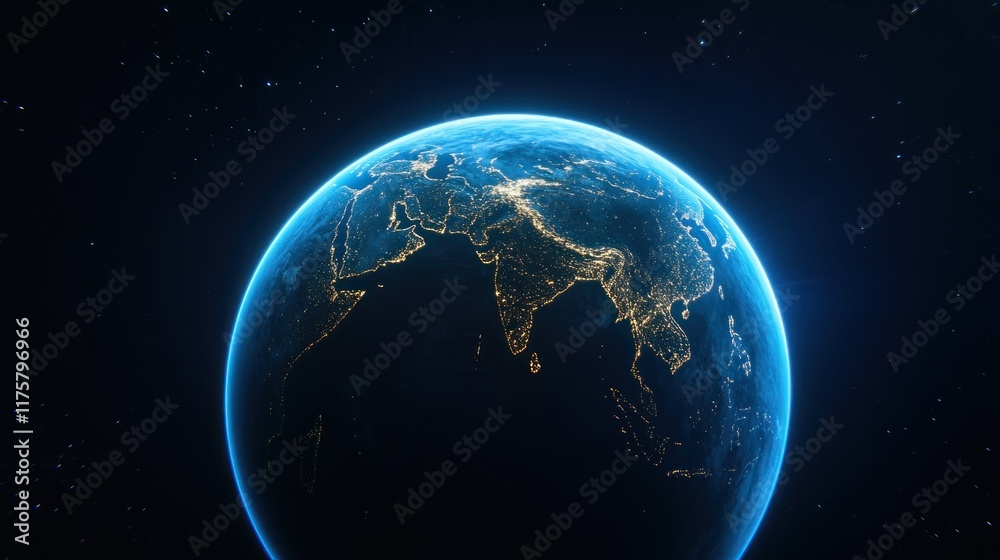 Obraz premium A glowing view of Earth from space, highlighting city lights.