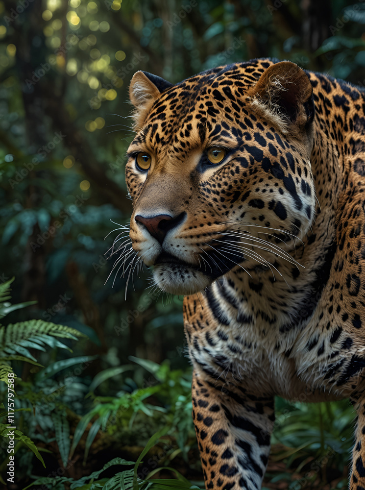 Obraz premium Photorealistic close-up of a jaguar in a dense forest.