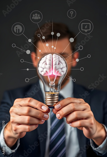 Businessman holding light bulb with Ai brain inside, business networking technology innovation, idea and imagination, creativity and inspiration, craft clay, with white tones photo