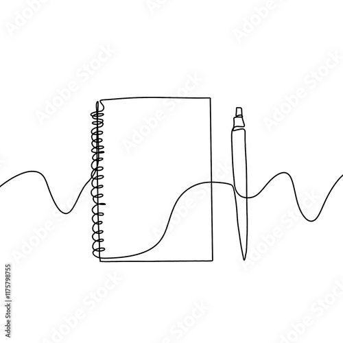 Continuous line art drawing of book and pen or pencil. Opened book single line art drawing illustration. Note book and pen drawing.