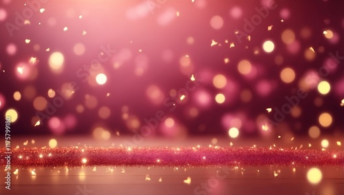 A blurry pink and gold background features out-of-focus bokeh lights and a textured reflective surface. 