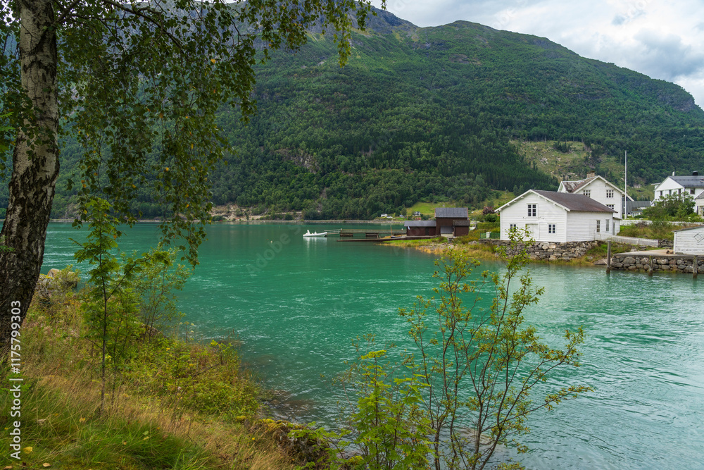 Fototapeta premium Skjolden Village at the end of Lustrafjorden in Norway