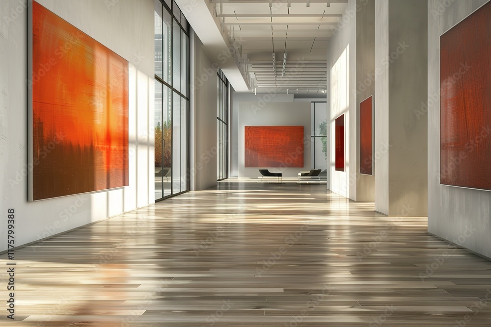 Fototapeta premium Modern gallery interior with large abstract paintings and hardwood floors.
