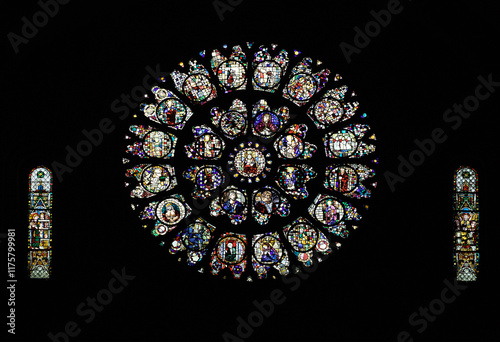 Stained glass rose window of Cathedral Saint-Etienne in Toulouse, France photo