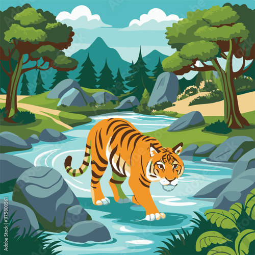 Majestic tiger roaming in the wild jungle with striking stripes and powerful presence