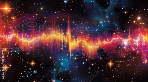 Vibrant Cosmic Sound Waves in Deep Space with Glowing Stars and Nebulae, Representing the Harmony of the Universe and Mathematical Patterns in a Stunning Visual photo