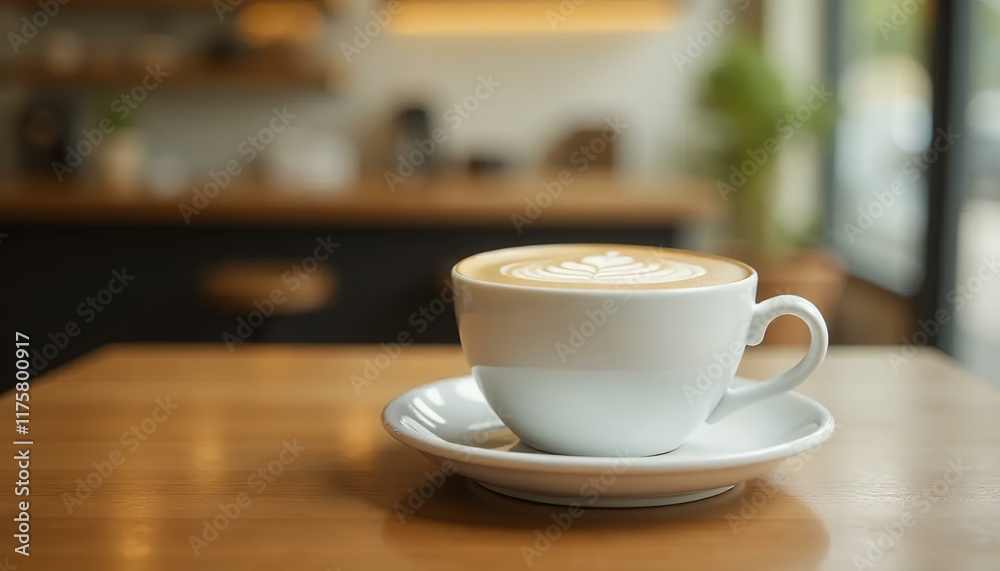 Latte Art Coffee Cup on Wooden Table, Cafe Interior, Drink Photo Latte Art Coffee Cup on Wooden Table, Cafe Interior, Drink Photo