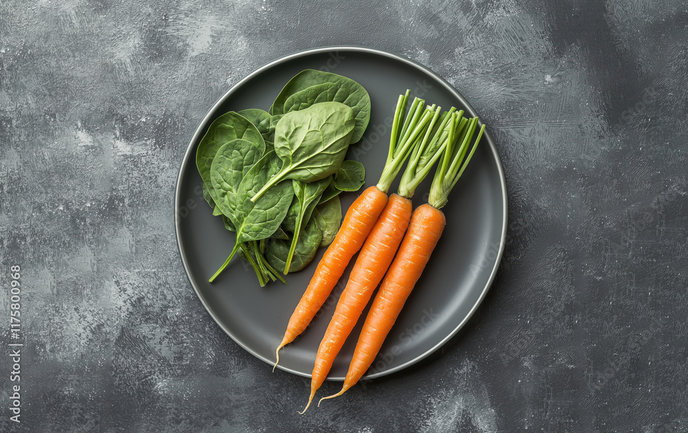 fresh carrots and spinach arranged on a gray plate with textured background