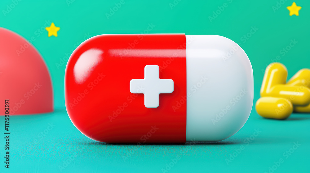 Fototapeta premium vibrant 3D icon of red and white pill with medical cross symbol