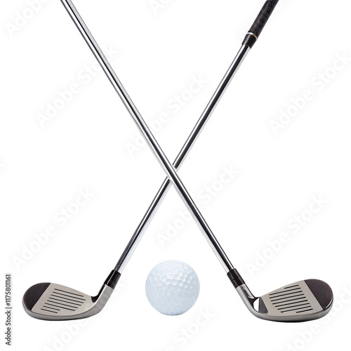 Two golf clubs are crossed over each other with a golf ball in the center. The clubs are made of metal and have black grips. The image is isolated on a transparent background.