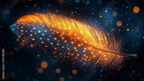 Glowing speckled feather with bokeh.