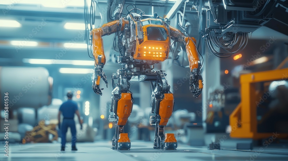 Futuristic Factory: A Giant Orange Robot in a Modern Industrial Setting Futuristic Factory: A Giant Orange Robot in a Modern Industrial Setting