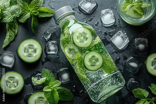 Frisches, mit Gurke und Minze angereichertes Wasser mit Eiswürfeln in einem Flaschenarrangement photo