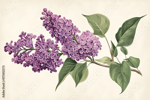 Lilac branch with blossoms in vintage botanical illustration