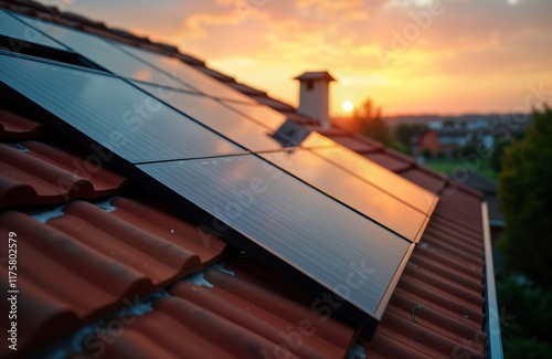 Solar panels installed on terracotta roof during sunset. Photovoltaic panels strategically placed on roof. Sun setting, casting warm glow on scene. Renewable energy systems increasingly popular as photo