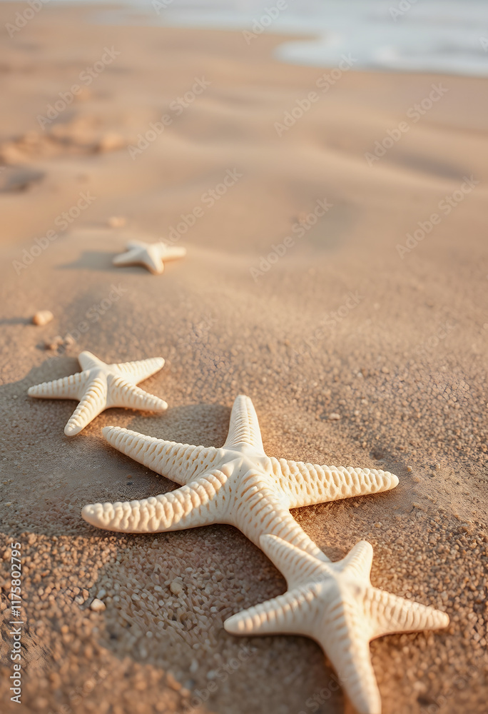 Starfishes on the beach sand in summer, realistic, with white tones Starfishes on the beach sand in summer, realistic, with white tones