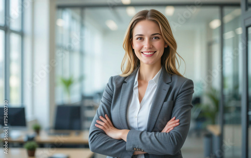 Free Download Confident Portrait of a Successful Businesswoman Standing with Arms Crossed Inside a Modern Office Setting - GFXLoad