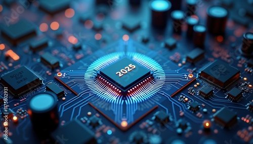 Close-up view of intricate circuit board. Glowing chipset with 2025 showing. Advanced tech details. Modern electronic components. Future tech concept. Complex circuitry pattern. Detailed design.