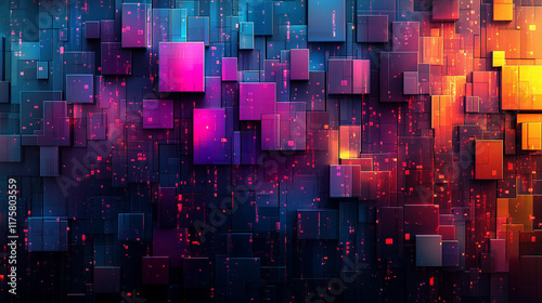 A multicolored 3D block background symbolizing chaos and digital transformation, with muted tones and geometric patterns that evoke a sense of futuristic technology and modern design

 photo