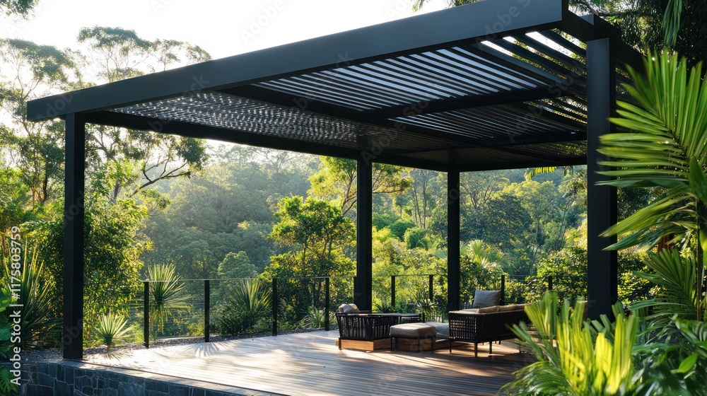 Modern black pergola with patio furniture overlooking lush green forest. Modern black pergola with patio furniture overlooking lush green forest.