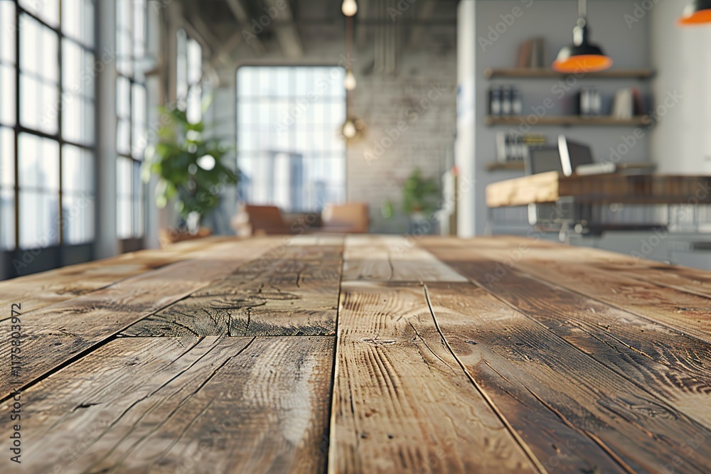 Obraz premium Rustic wooden table in a bright loft space.