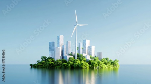 Eco-friendly city on island with wind turbine.