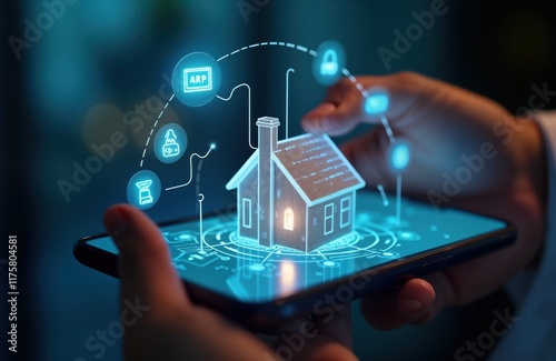 Hands hold smartphone displaying smart home app. 3D house icon appears on screen. App manages home security system remotely. User interacts digitally. Future of tech in housing visible. Mobile app