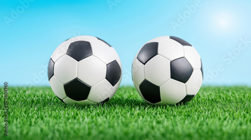 Two soccer balls resting on vibrant green grass under clear blue sky