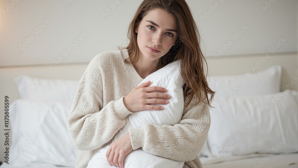 Serene young woman in beige sweater holding white pillow on bed under soft light Serene young woman in beige sweater holding white pillow on bed under soft light