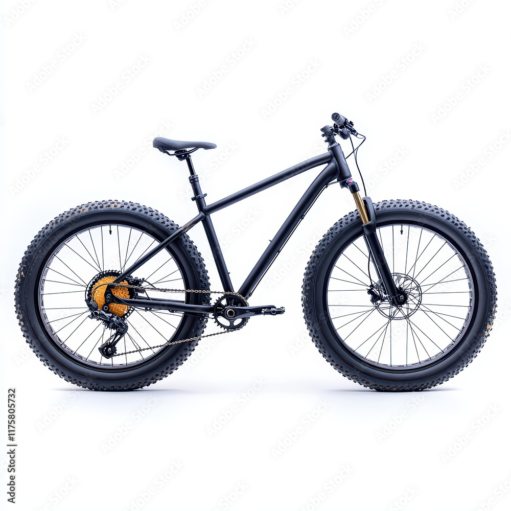 Sleek black mountain bike with thick tires, perfect for rugged trails Sleek black mountain bike with thick tires, perfect for rugged trails