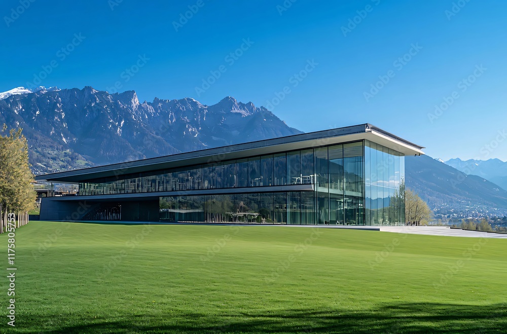 Modern glass building with mountain backdrop. (3) Modern glass building with mountain backdrop. (3)