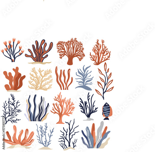 Vector illustration of seaweed, waves, water and fish