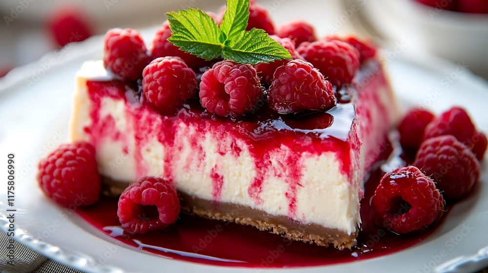 A close-up of a slice of raspberry cheesecake, topped with fresh raspberries and raspberry sauce. A close-up of a slice of raspberry cheesecake, topped with fresh raspberries and raspberry sauce.