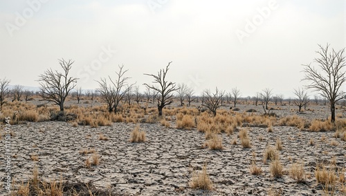 Desolate landscape with cracked ground skeletal trees and hazy sky photo