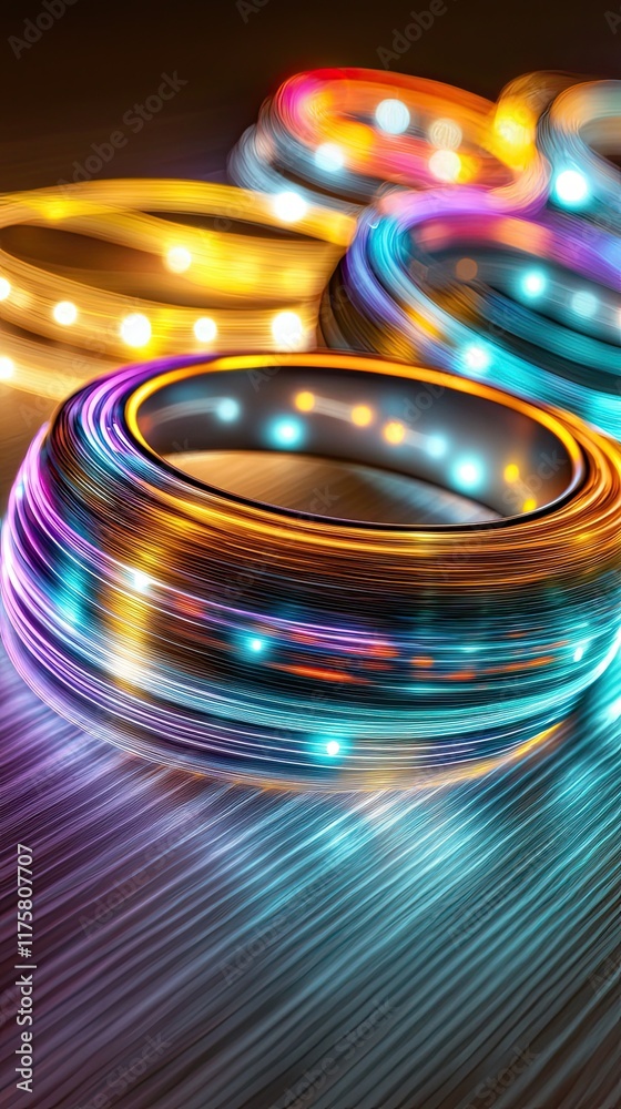 Innovative Fitness Technology and Wearables for Home Workouts, a light painting image featuring glowing fitness gadgets and wearables highlighted with artistic streaks of color