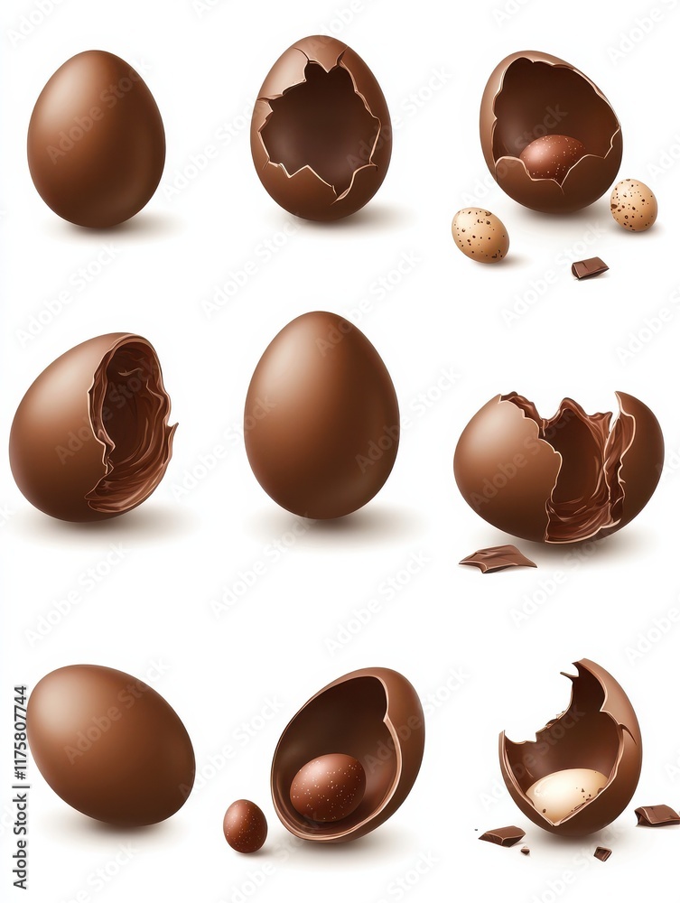 Fototapeta premium Chocolate eggs set. Isolated whole, broken, exploded, cracked and open brown eggs collection. Realistic sweet chocolate candy dessert icons. Vector Easter holiday celebration concept
