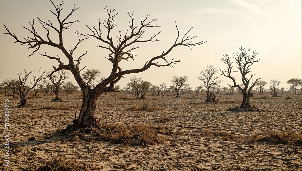 Desolate scorched earth with twisted trees under a dusty sky Desolate scorched earth with twisted trees under a dusty sky