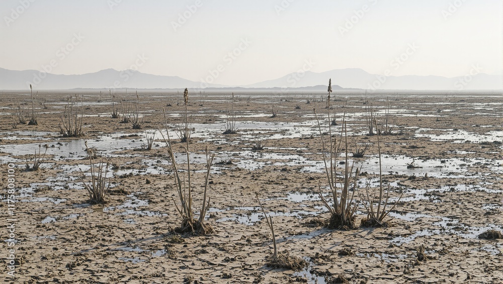 Barren marshland with cracked mud dead plants and distant mountains obscured by dust Barren marshland with cracked mud dead plants and distant mountains obscured by dust