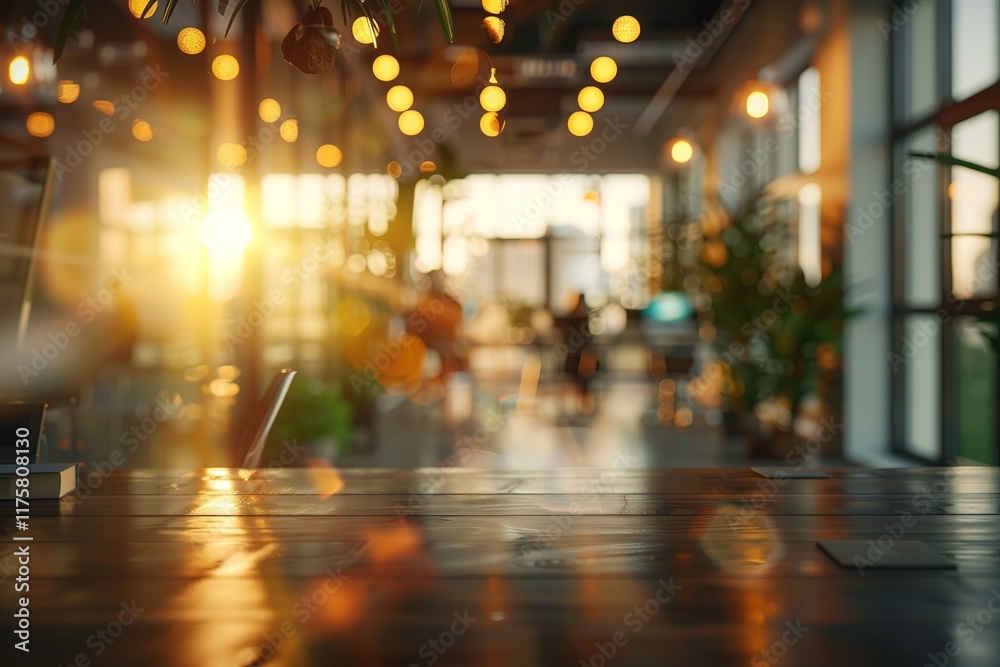 Fototapeta premium Sunlit wooden table in a modern cafe, bokeh background.