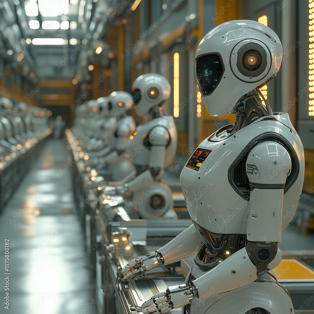 Row of humanoid robots in a manufacturing facility, equipped with advanced technology
Row of humanoid robots in a manufacturing facility, equipped with advanced technology