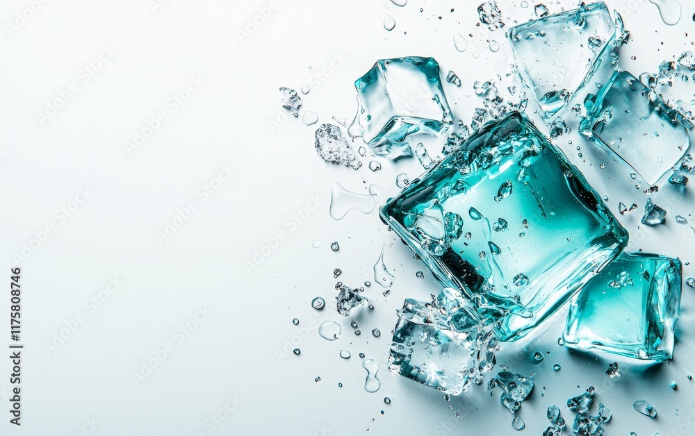 Shattered Aqua Ice Cubes with Splashes Cool Refreshing Drink Concept Shattered Aqua Ice Cubes with Splashes Cool Refreshing Drink Concept
